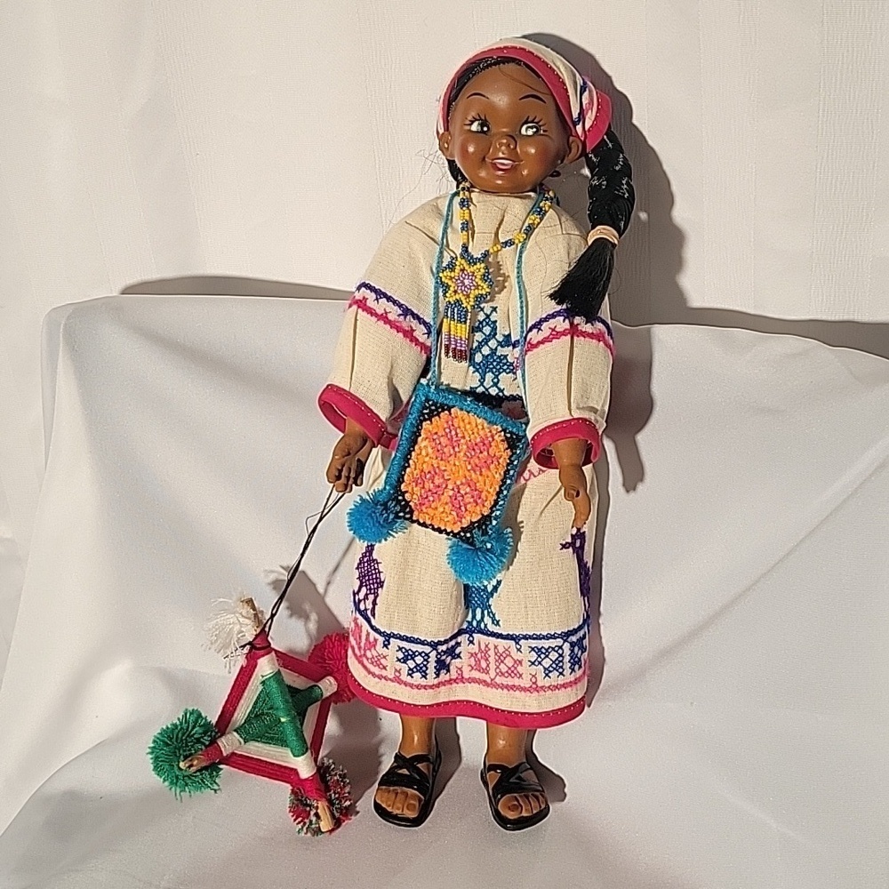 Handmade Mexican Folk Art 12" Huichol Doll in Traditional Costume